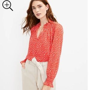 NWT Loft Smocked Ruffle Tie Neck Blouse Size Large